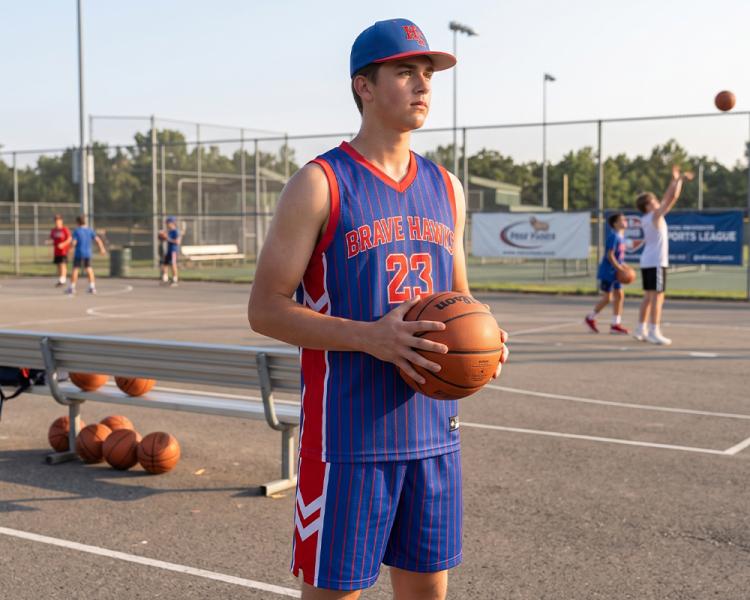Teen basketball player holding a basketball in a blue Brave Hawks uniform on an outdoor court